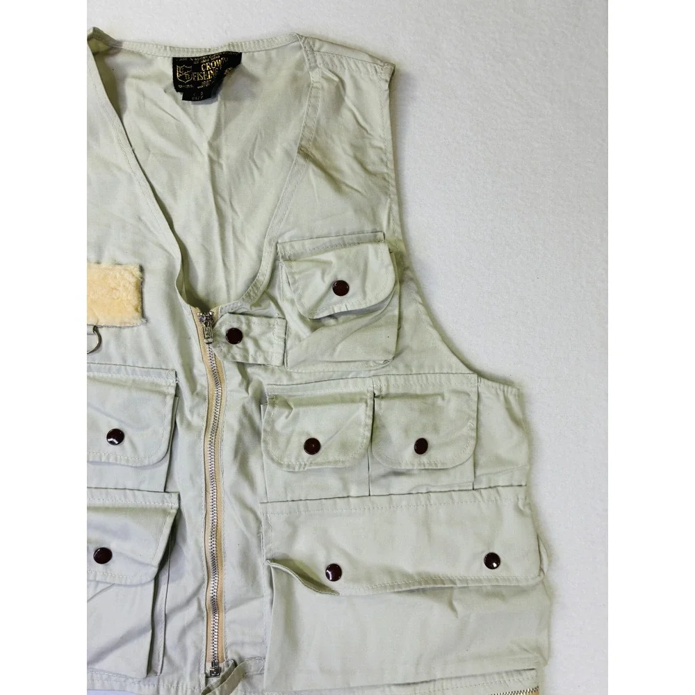 Vintage Crown Fishing Vest Tan Cotton Multi Pocket Fly Patch Mens Small RN 13171